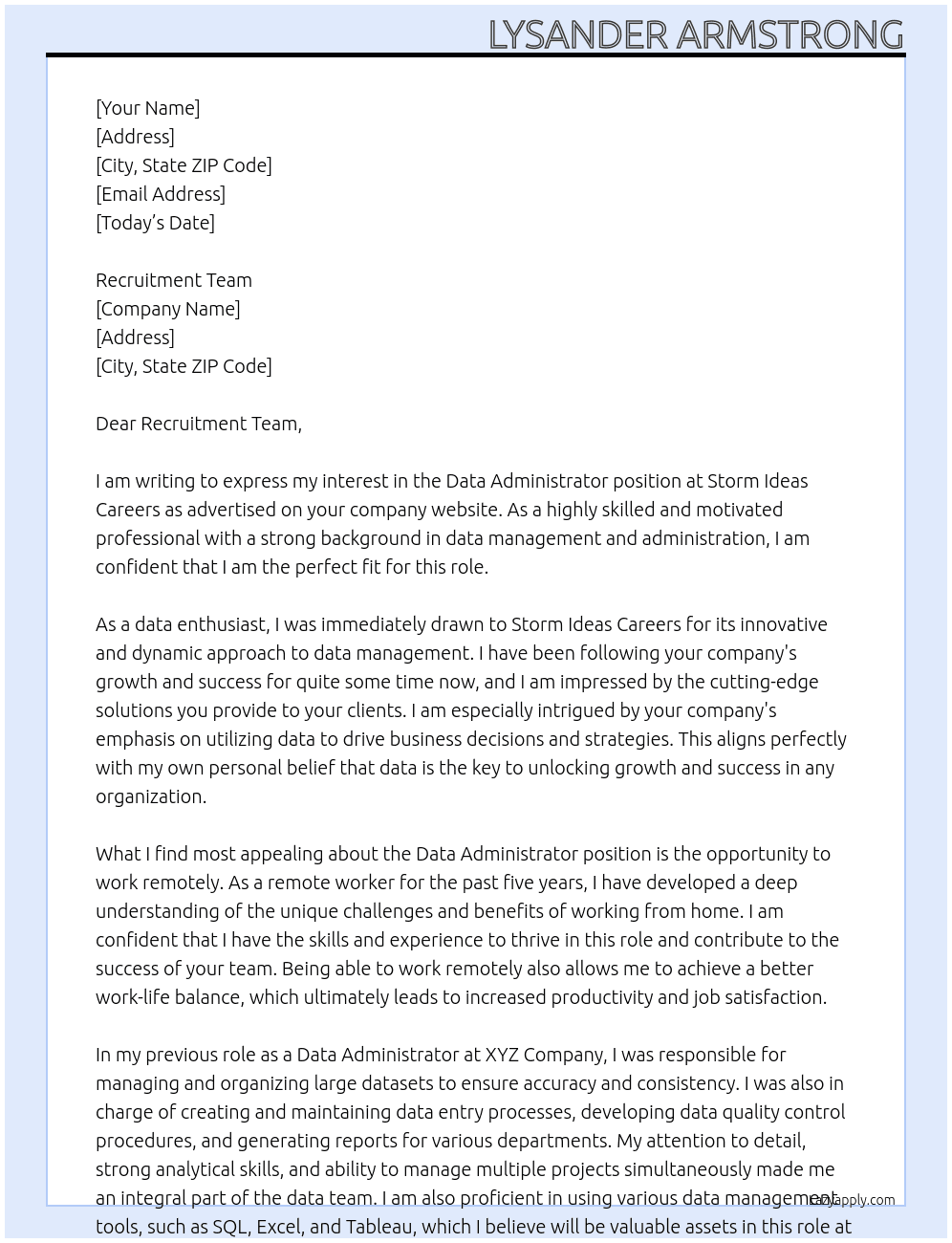 Data Administrator At Storm Ideas Careers Cover Letter
