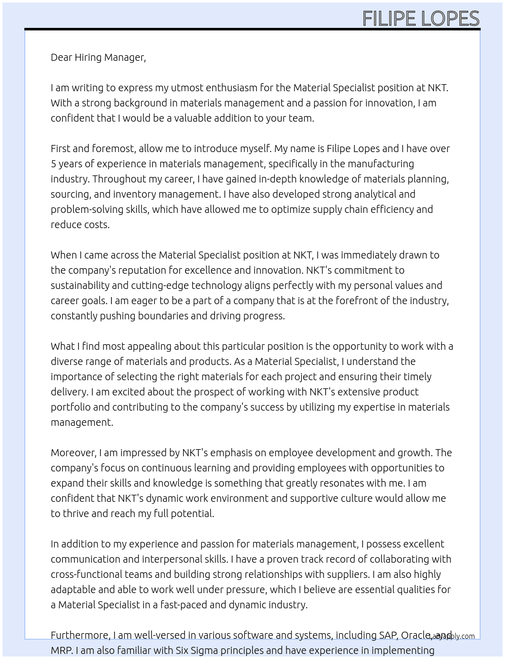 Material Specialist At NKT Cover Letter