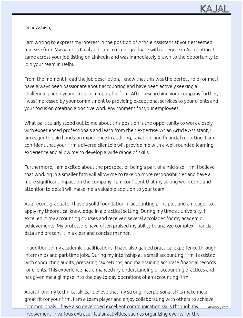 Article Assistant  At Mid size firm Cover Letter