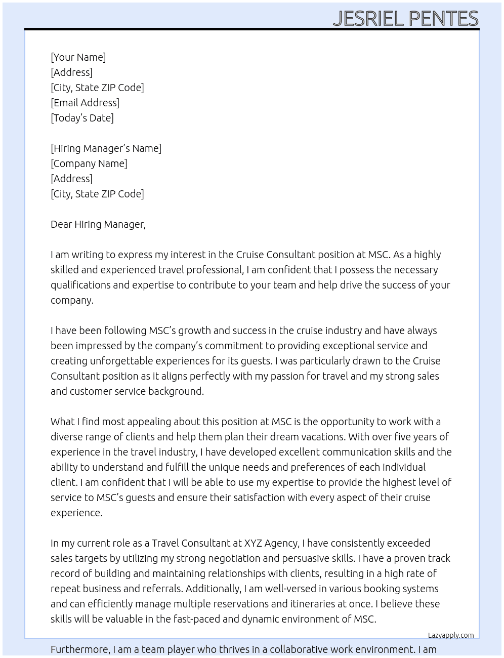 Cover letter for cruise consultant - LazyApply