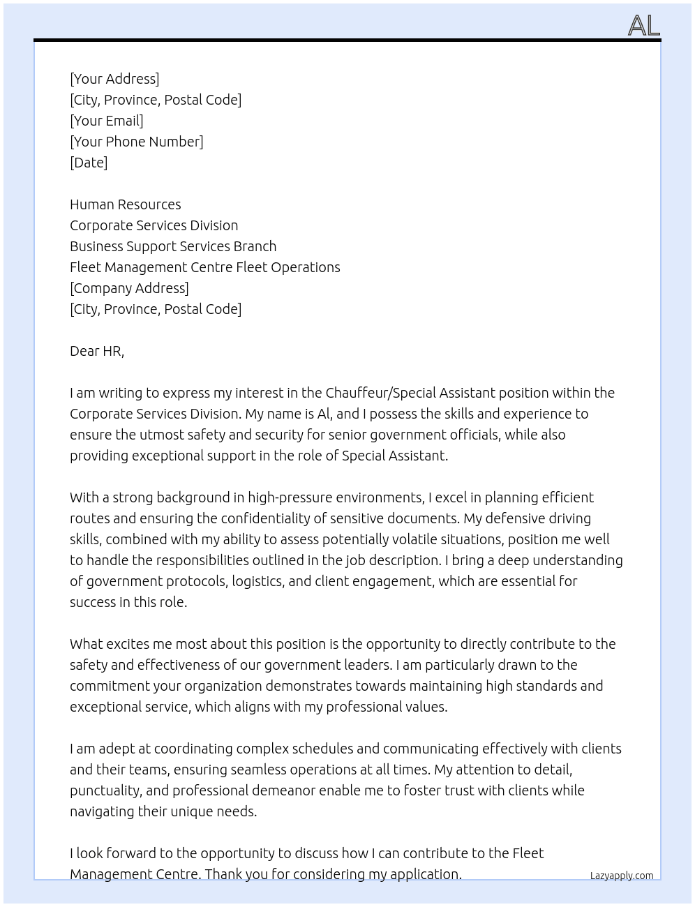 Cover letter for chauffeur/special assistant - LazyApply
