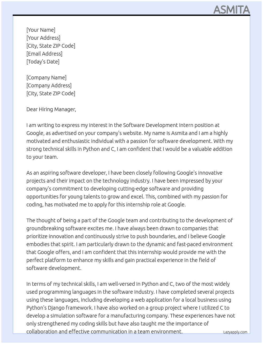 Software Development Intern At Google Cover Letter