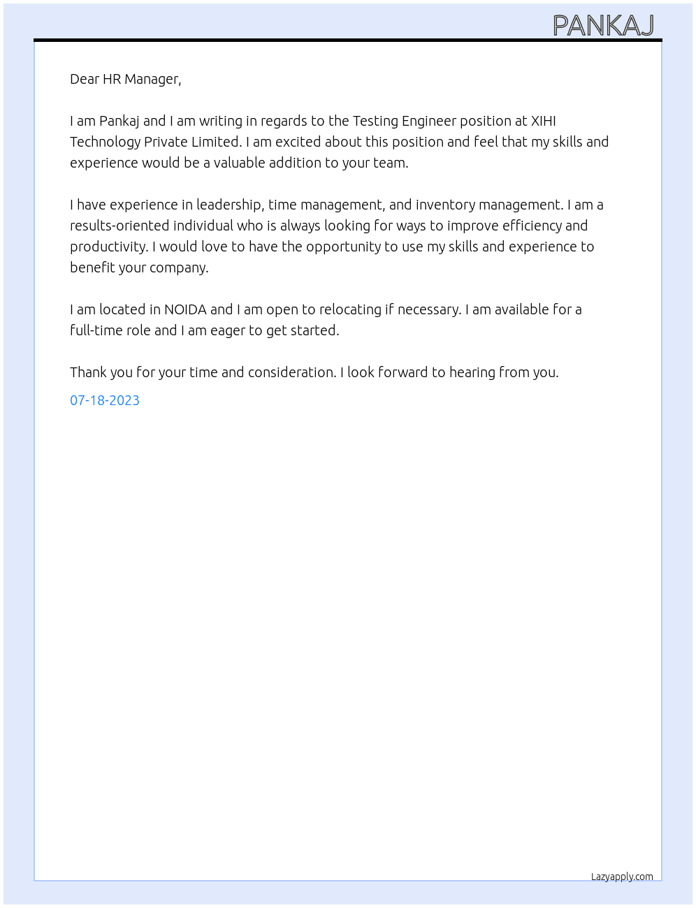 Testing Engineer At XIHI TECHNOLOGY PRIVATE LIMITED Cover Letter