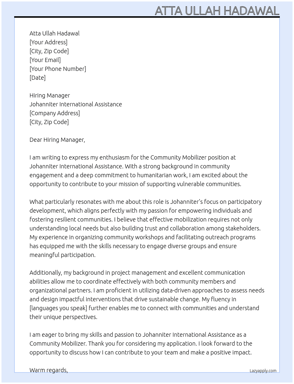 Community Mobilizer At  Johanniter International Assistance Cover Letter