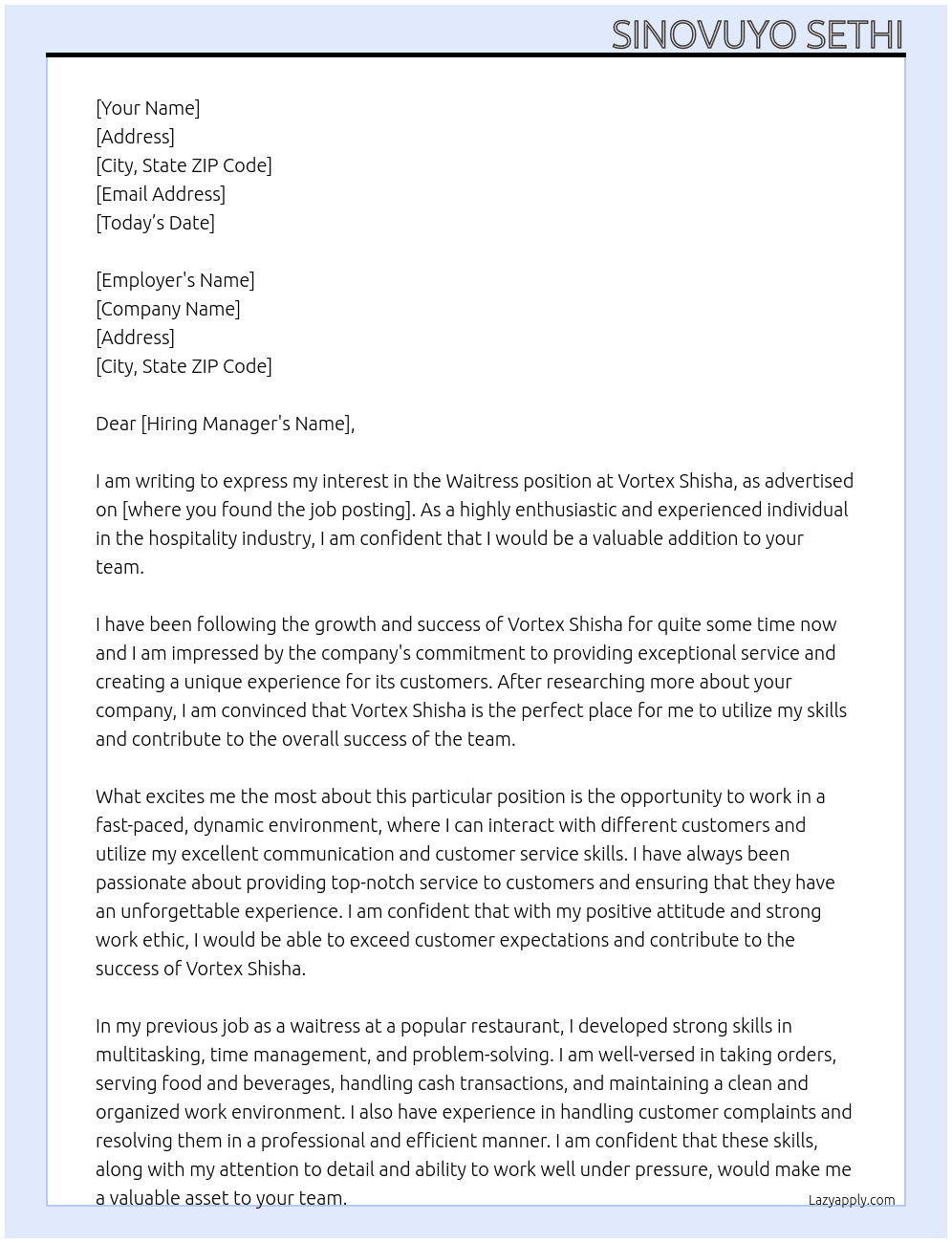 Waitress At Vortex Shisha Cover Letter