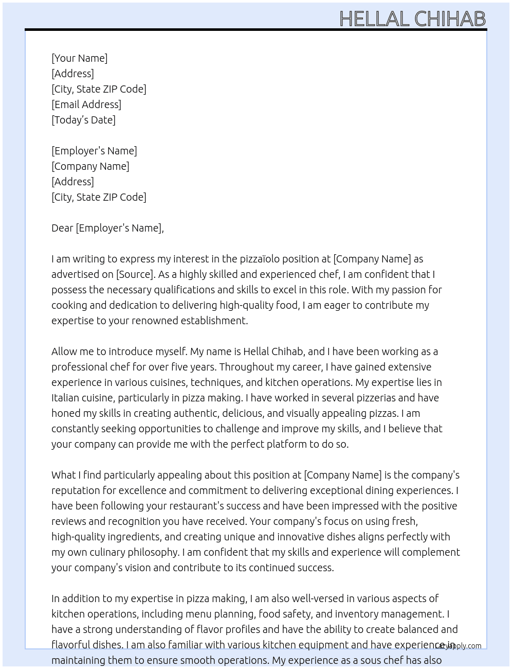 pizzaïolo At entreprise  Cover Letter