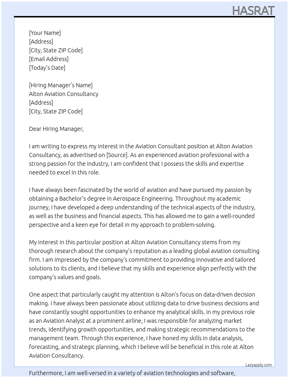 Aviation Consultant At Alton Aviation Consultancy Cover Letter