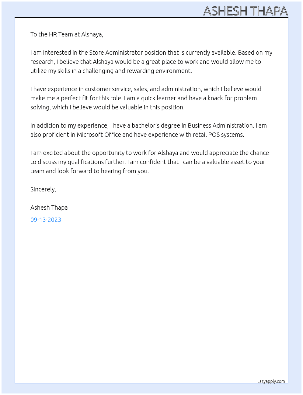 Store Administrator  At Alshaya  Cover Letter