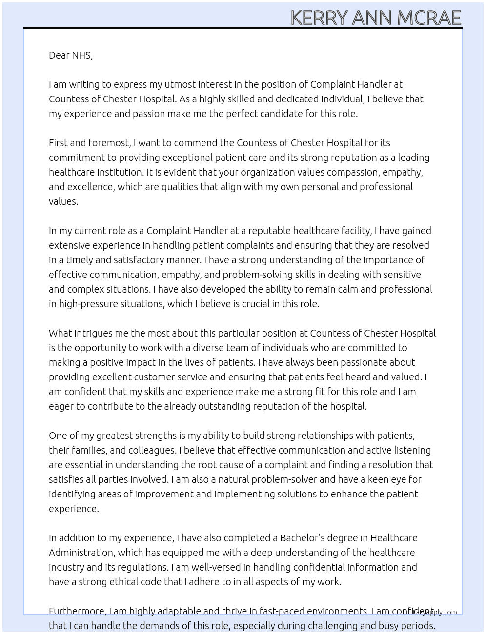 complaint handler At Countess of Chester Hospital Cover Letter