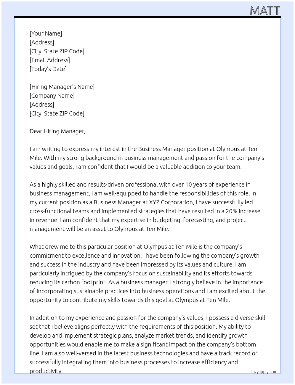 Business Manager At Olympus at Ten Mile Cover Letter