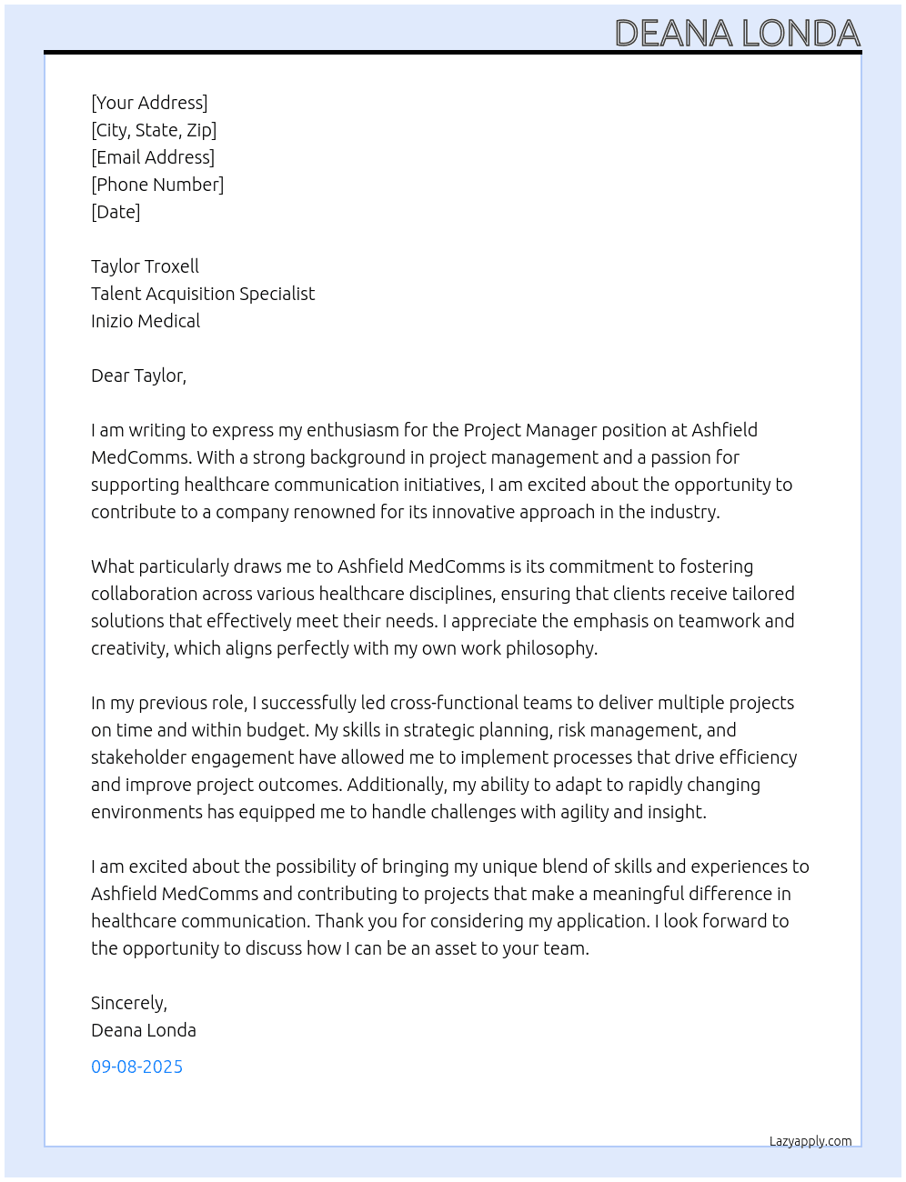 Project Managr At Ashfield MedComms Cover Letter