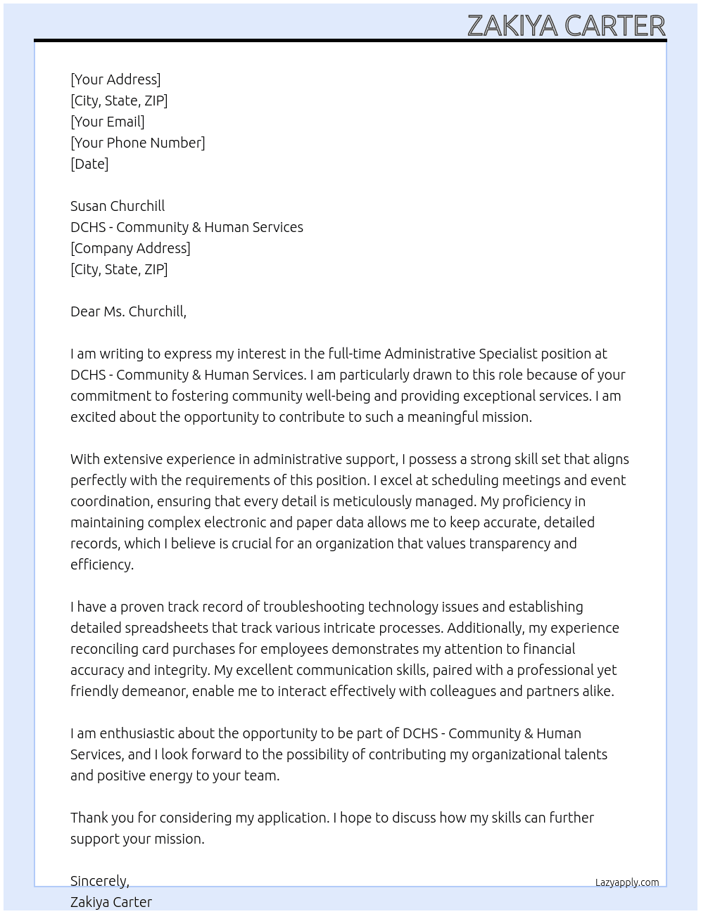 Administrative Specialist At  DCHS - Community & Human Services Cover Letter