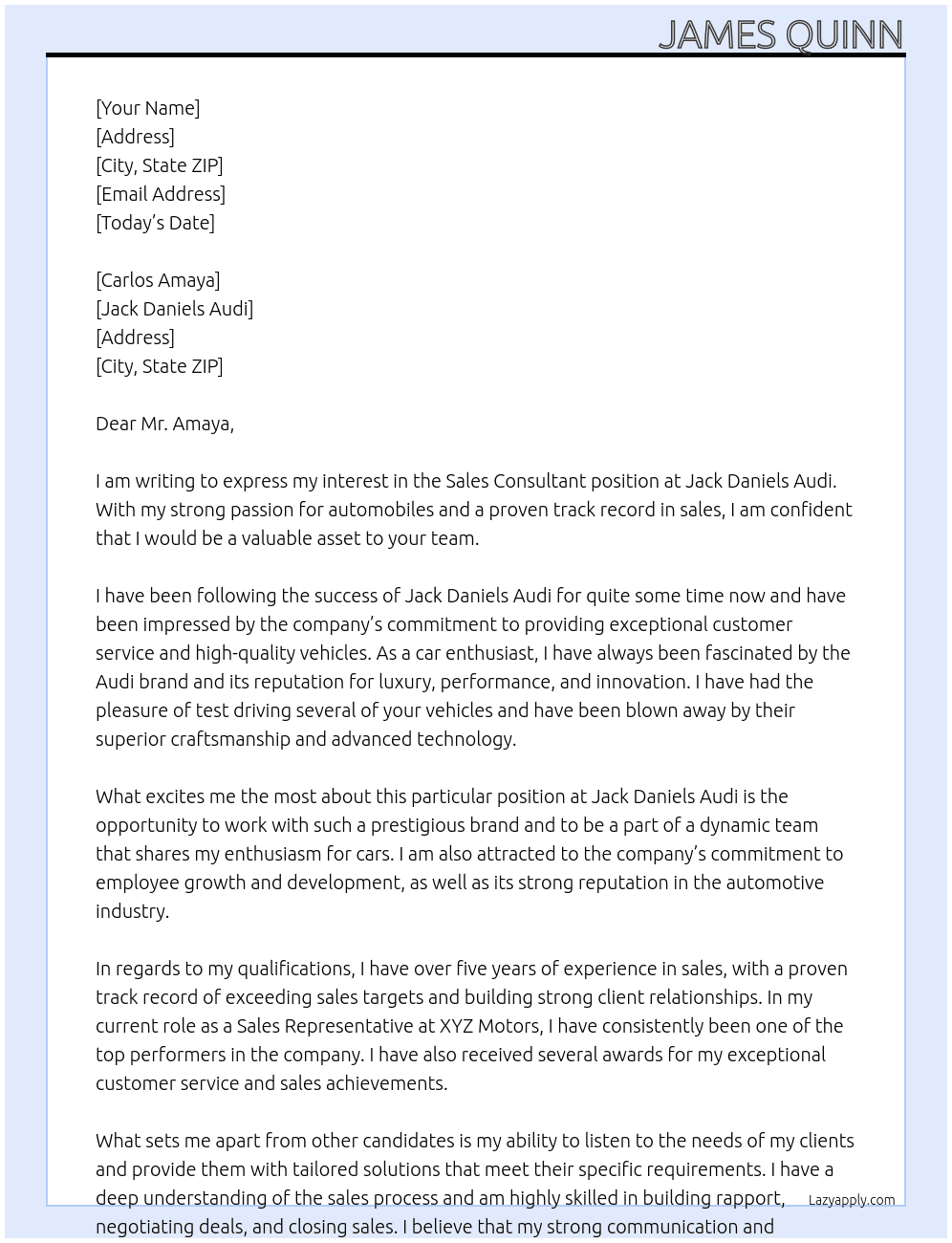 Sales Consultant  At Jack Daniels Audi  Cover Letter