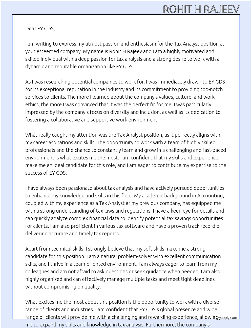 Tax Analyst At EY GDS Cover Letter