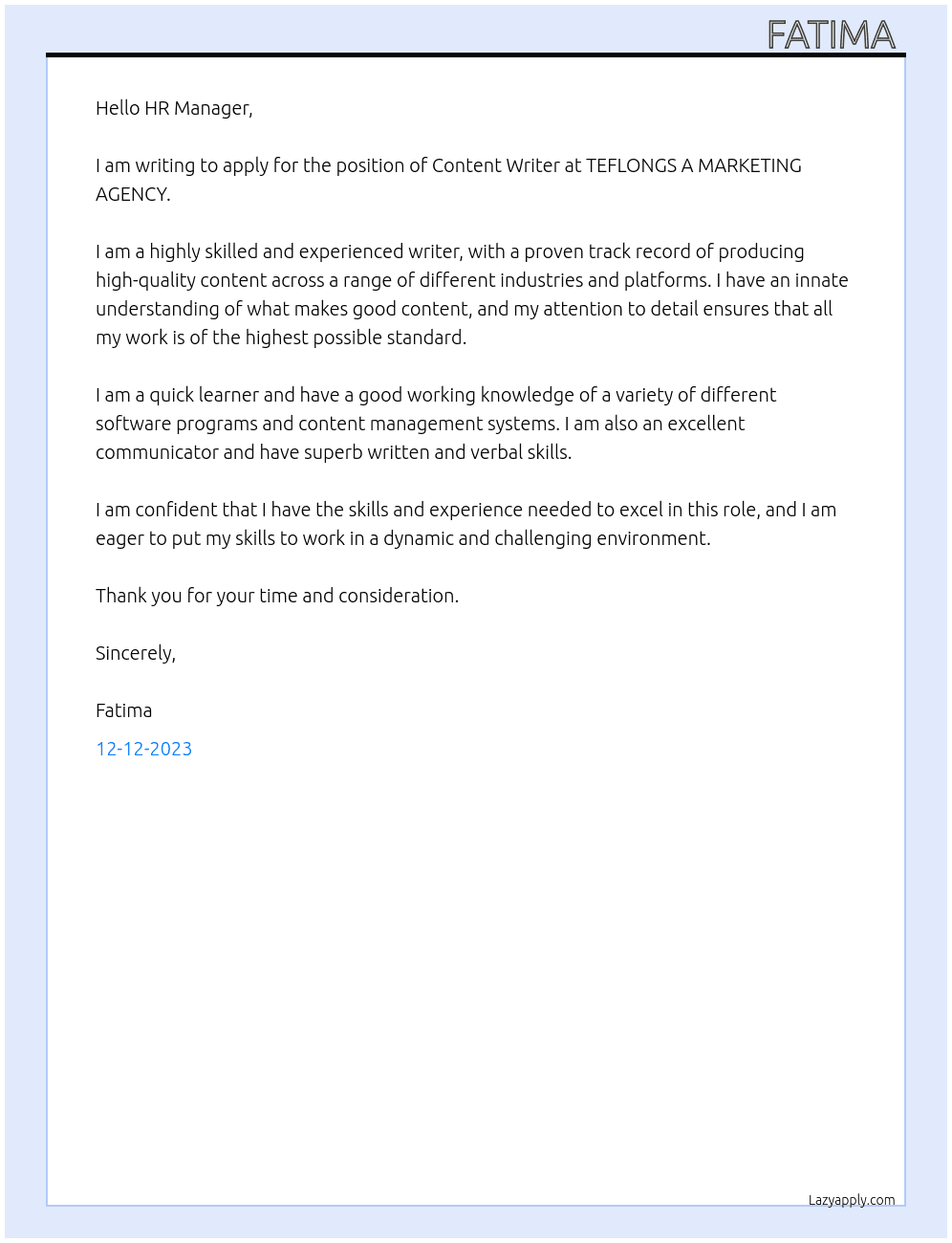 Content Writer  At TEFLONGS A MARKETING AGENCY  Cover Letter