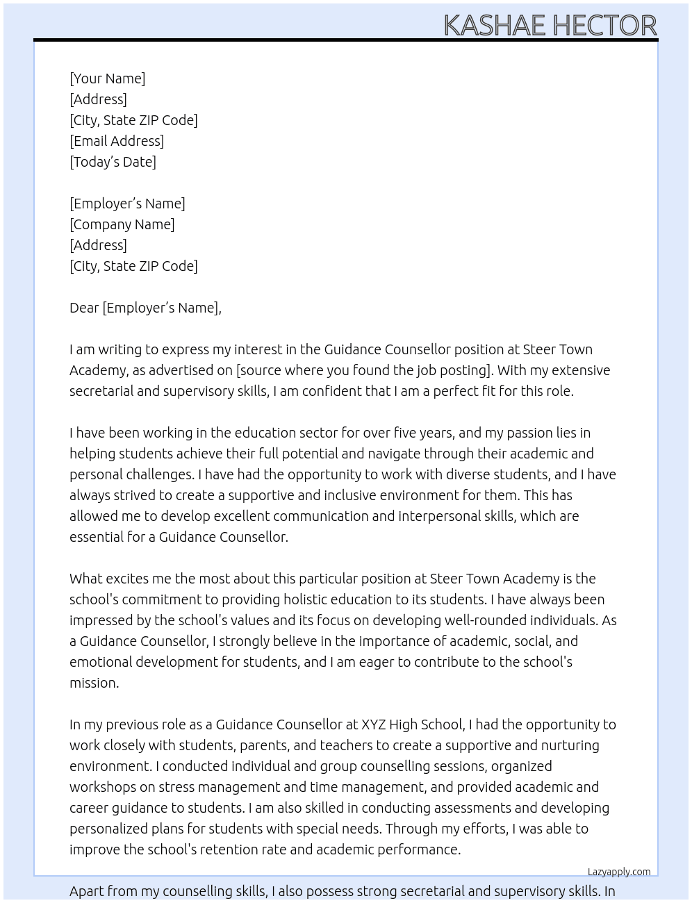 Guidance Counsellor  At Steer Town Academy  Cover Letter