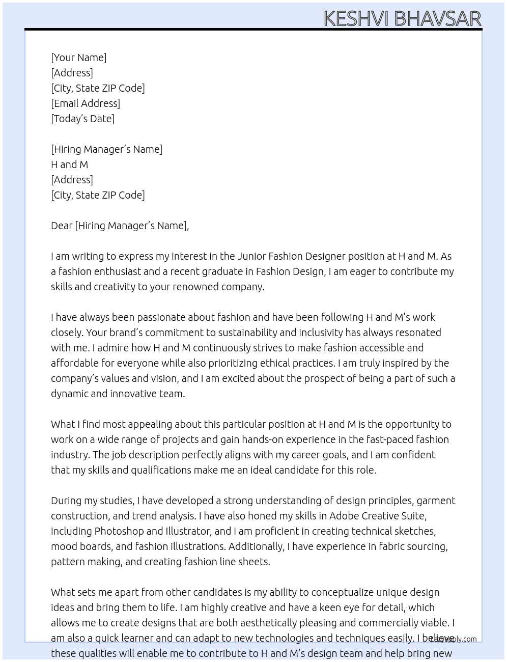 junior fashion designer At H and M Cover Letter