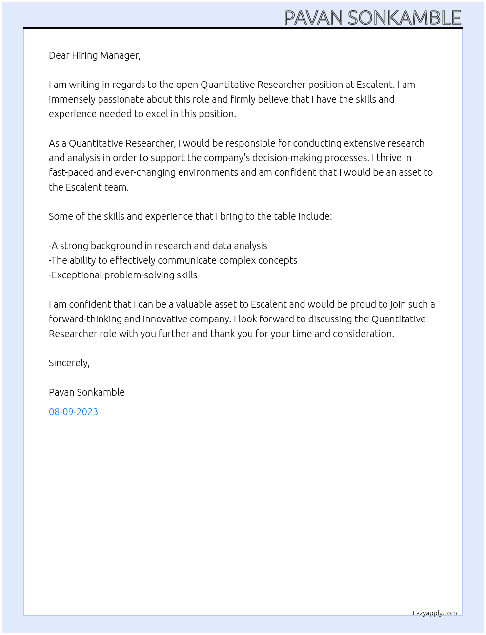 Quantitative Researcher At Escalent Cover Letter