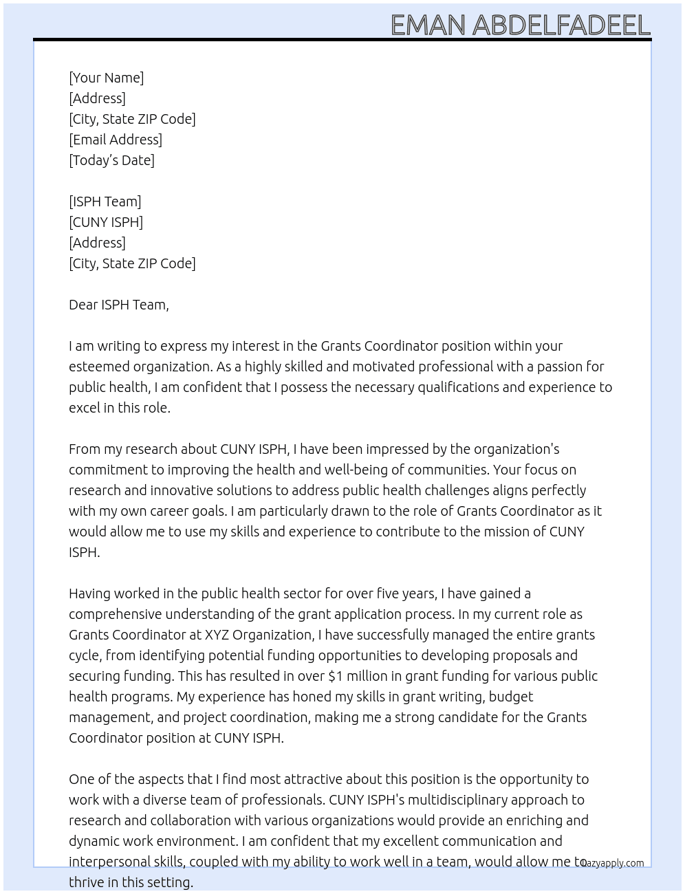 Grants Coordinator  At CUNY ISPH Cover Letter