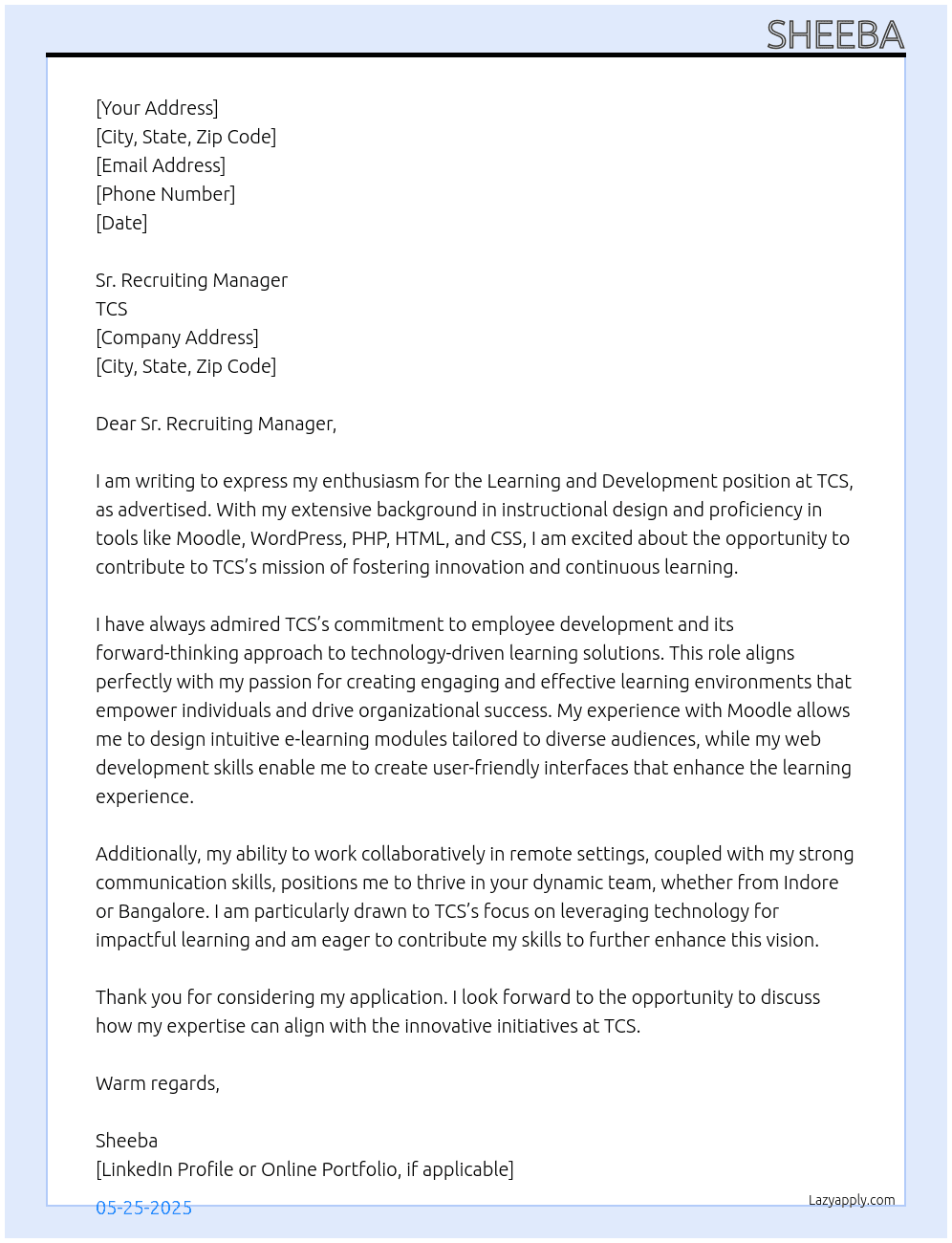 Cover letter for learning and development - LazyApply