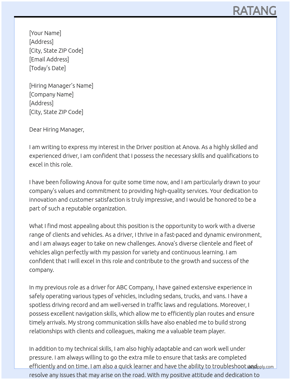 Driver At Anova Cover Letter