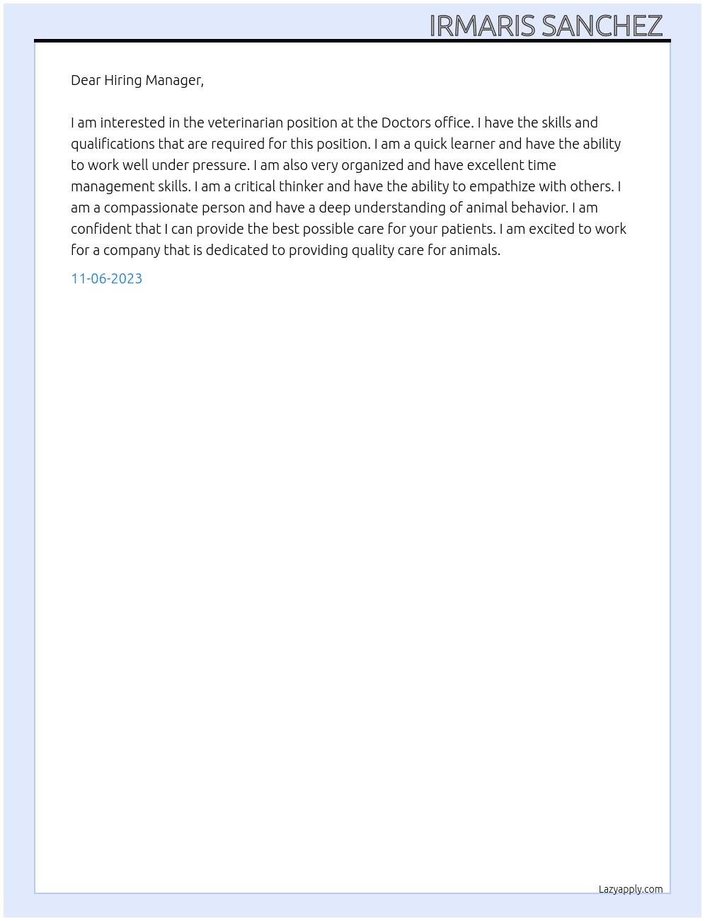 Veterinarian  At Doctors office  Cover Letter