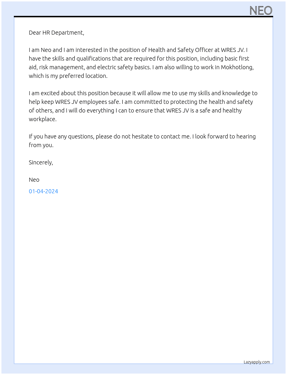 Health and safety officer  At WRES JV Cover Letter
