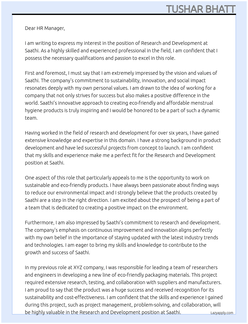 Research and Development At Saathi Cover Letter
