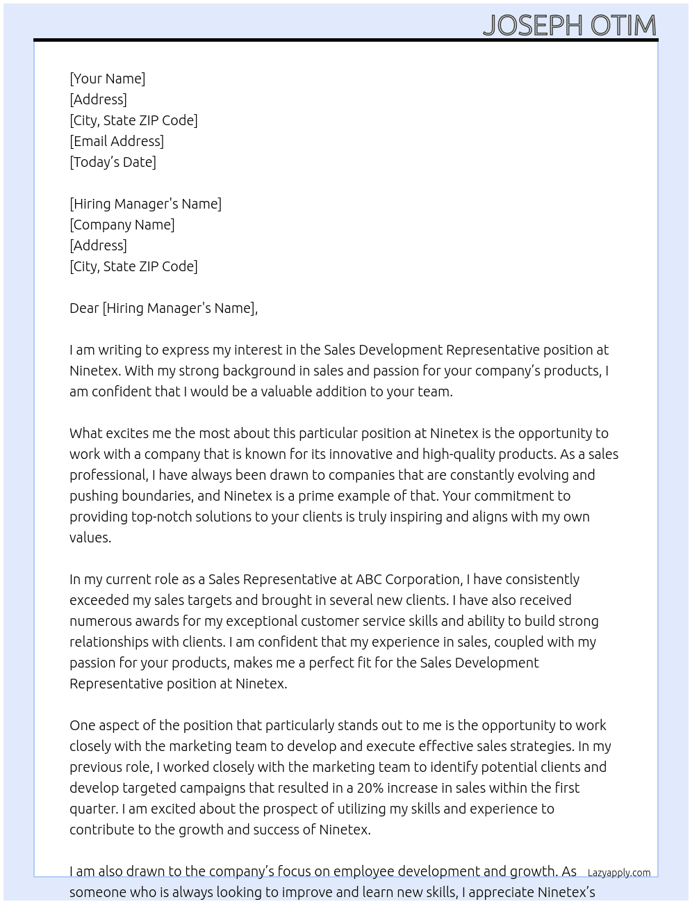 Sales development Representative At ninetex Cover Letter