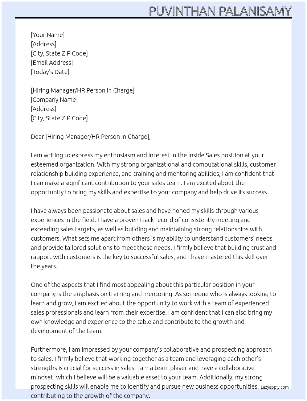 Inside Sales At esteemed organization Cover Letter