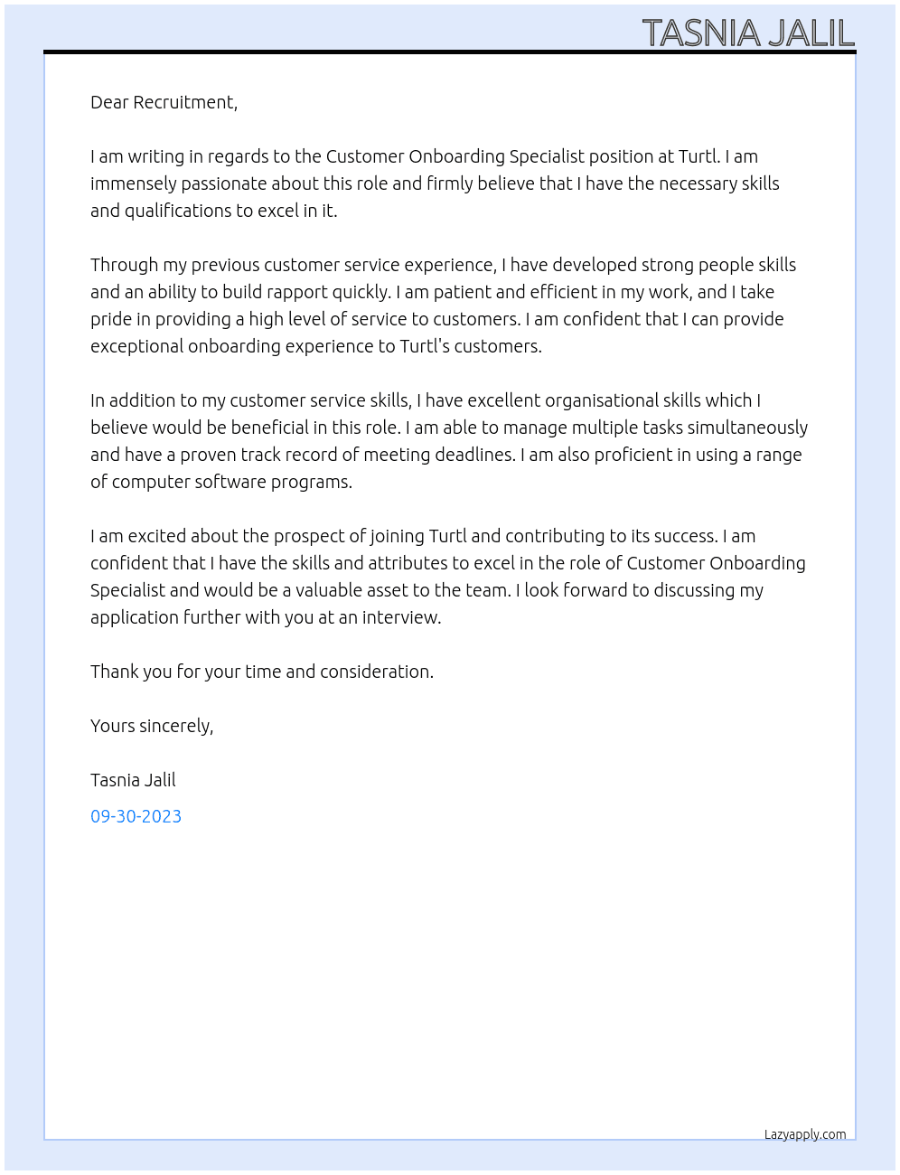 Customer Onboarding Specialist   At Turtl Cover Letter