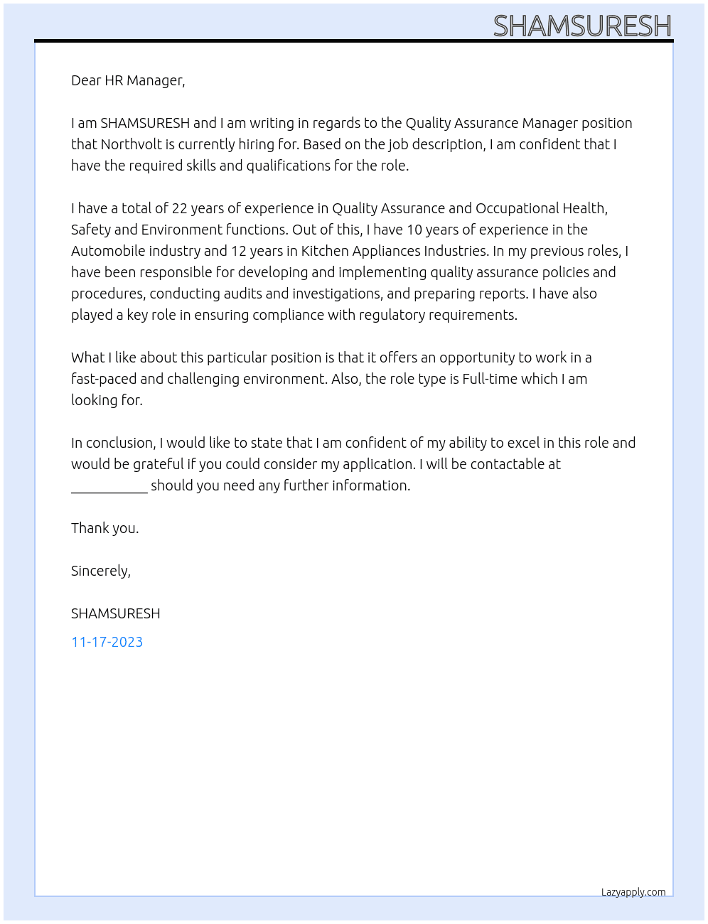 Quality Assurance Manager At Northvolt Cover Letter