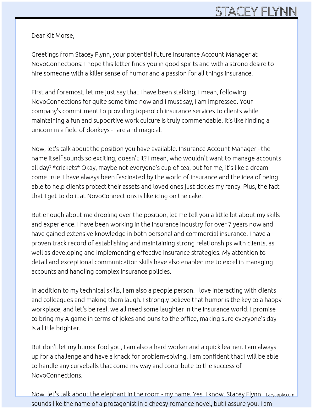 Insurance Account Manager At NovoConnections Cover Letter