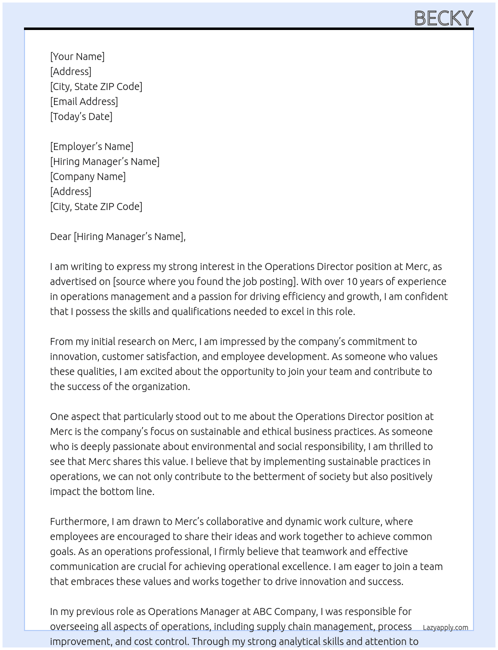 Operations Director At Merc Cover Letter