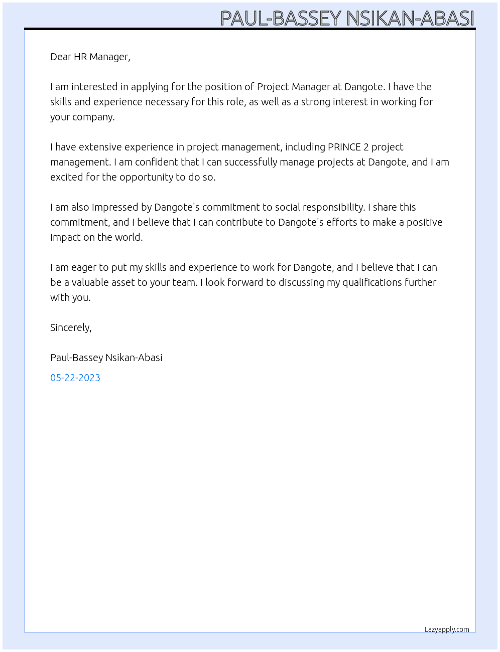 PROJECT MANAGER At DANGOTE Cover Letter