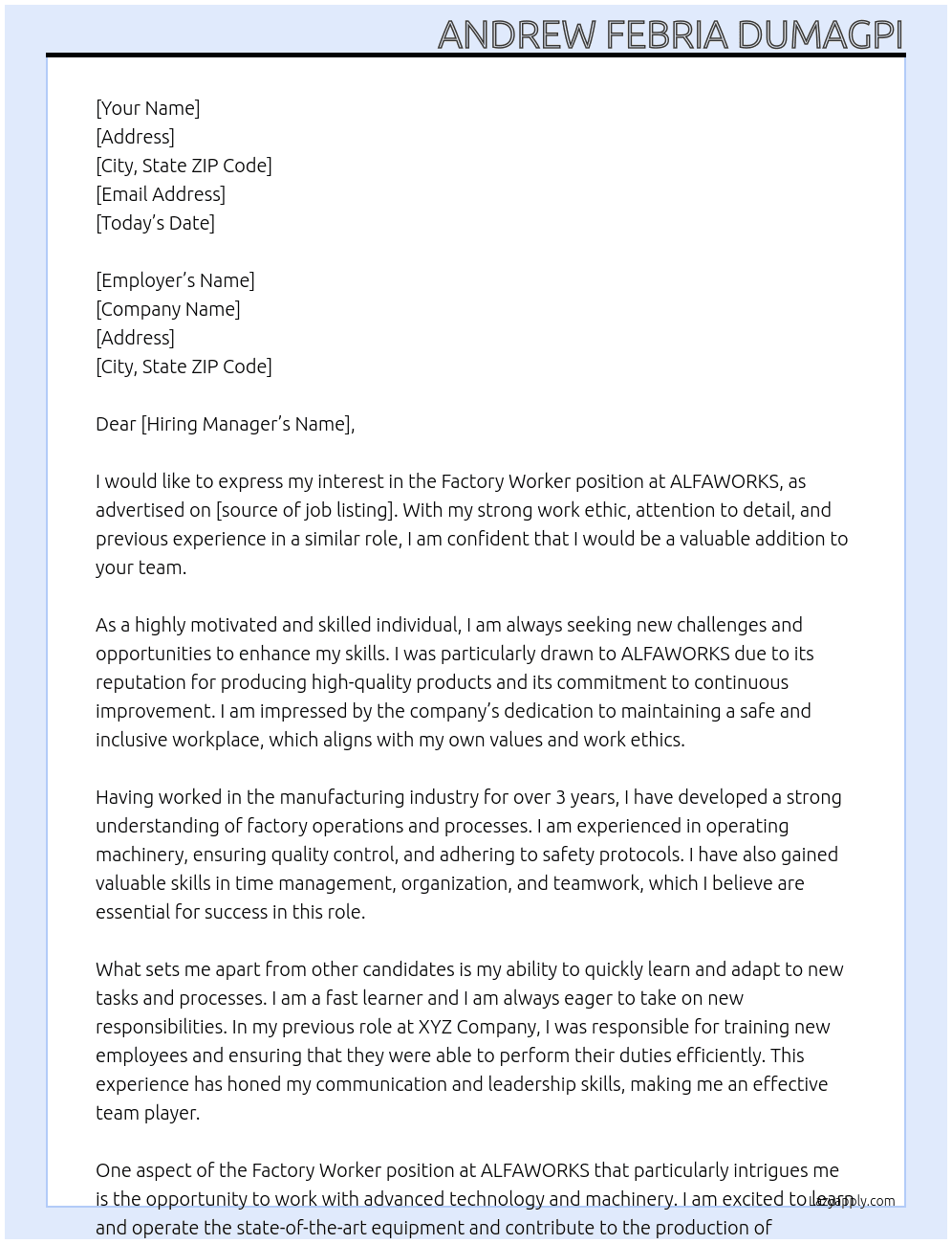 Factory Worker  At ALFAWORKS Cover Letter