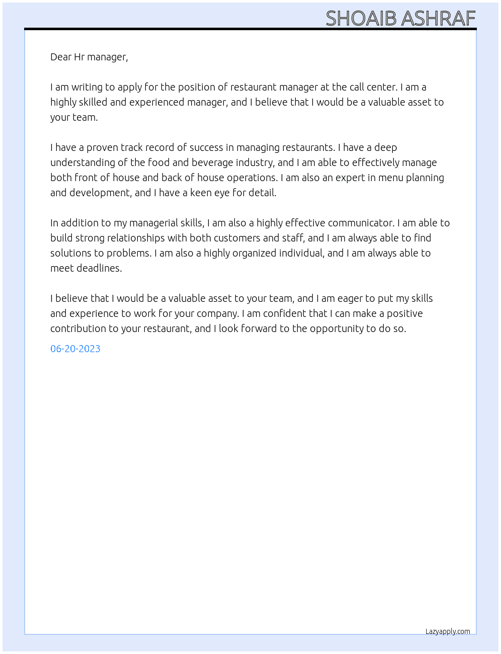restaurant manager At call center Cover Letter