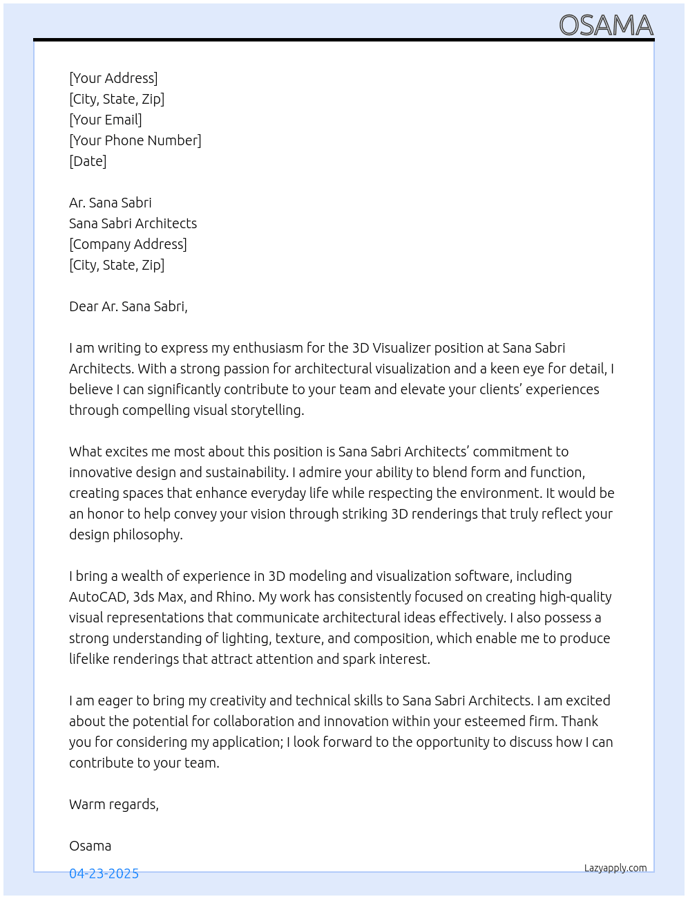 3d visualizer At Sana Sabri Architects Cover Letter