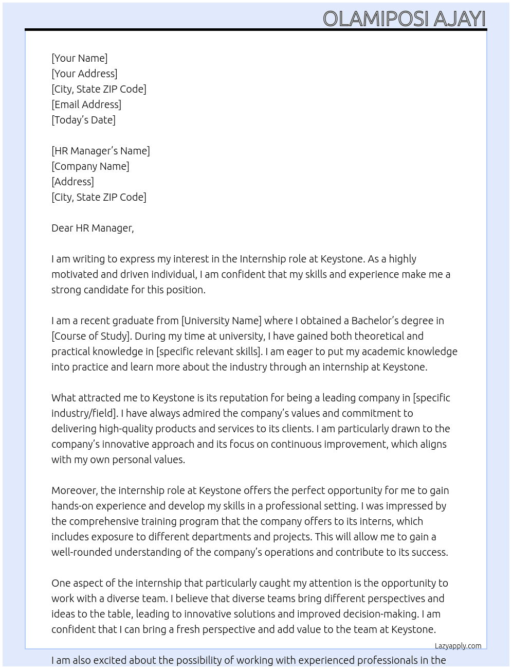 Intern At Keystone  Cover Letter