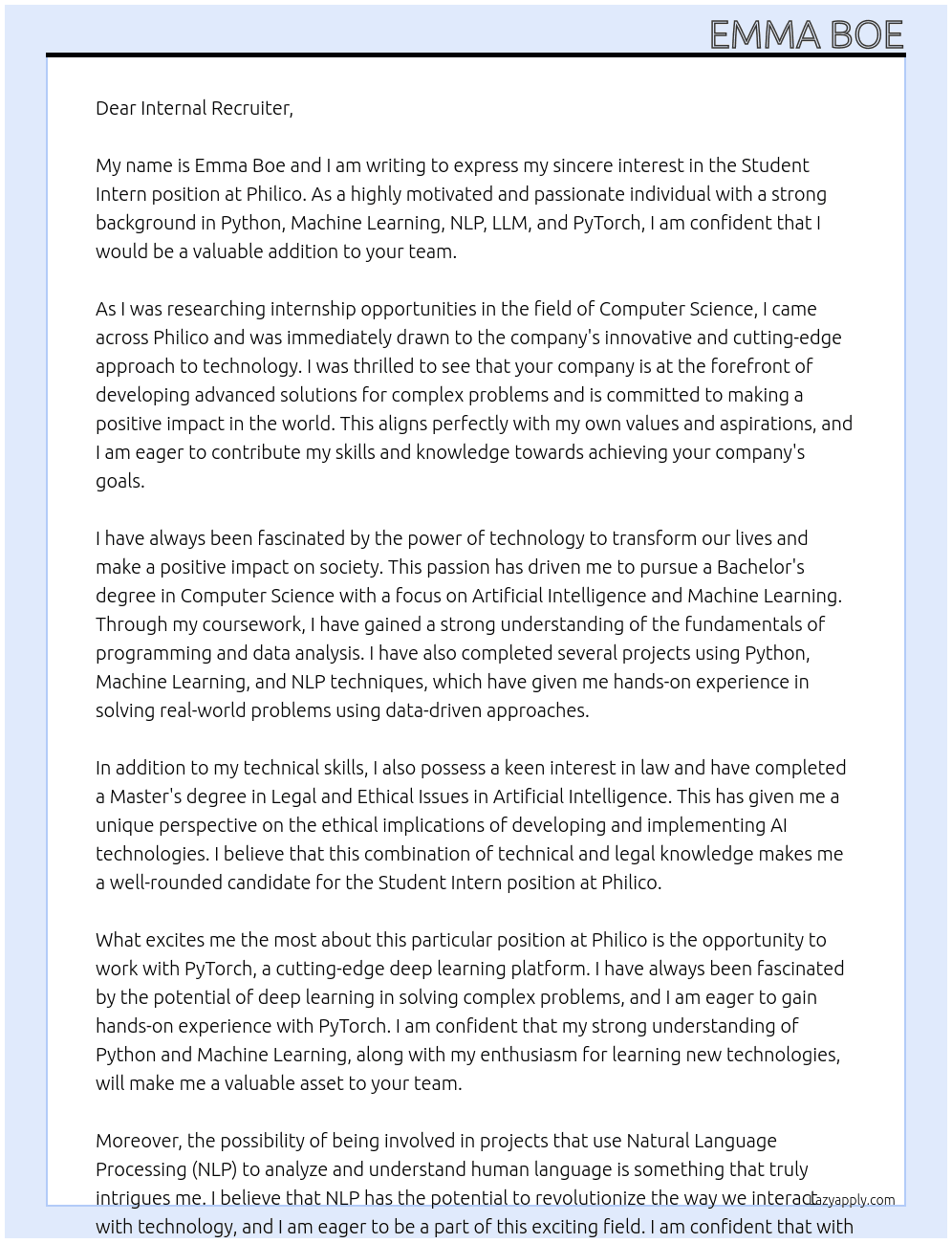 Student Intern At Philico Cover Letter