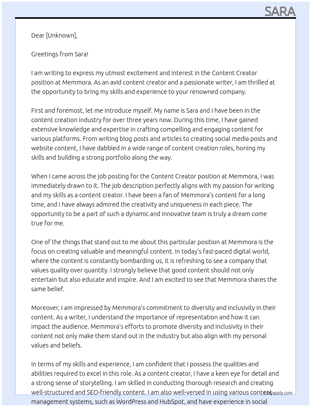 Content creator At Memmora Cover Letter