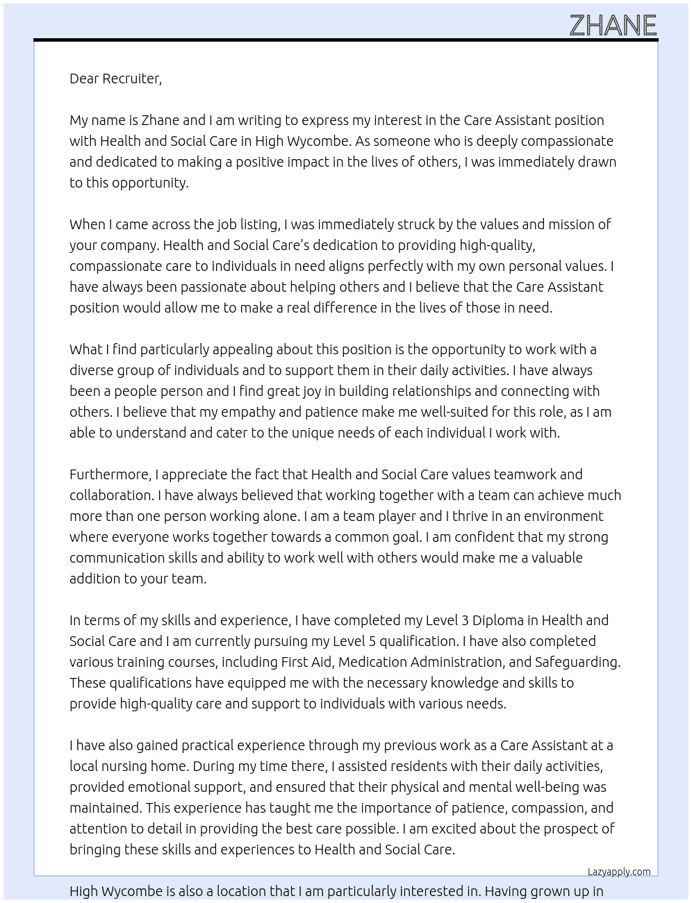 Care assistant At Health and social care Cover Letter