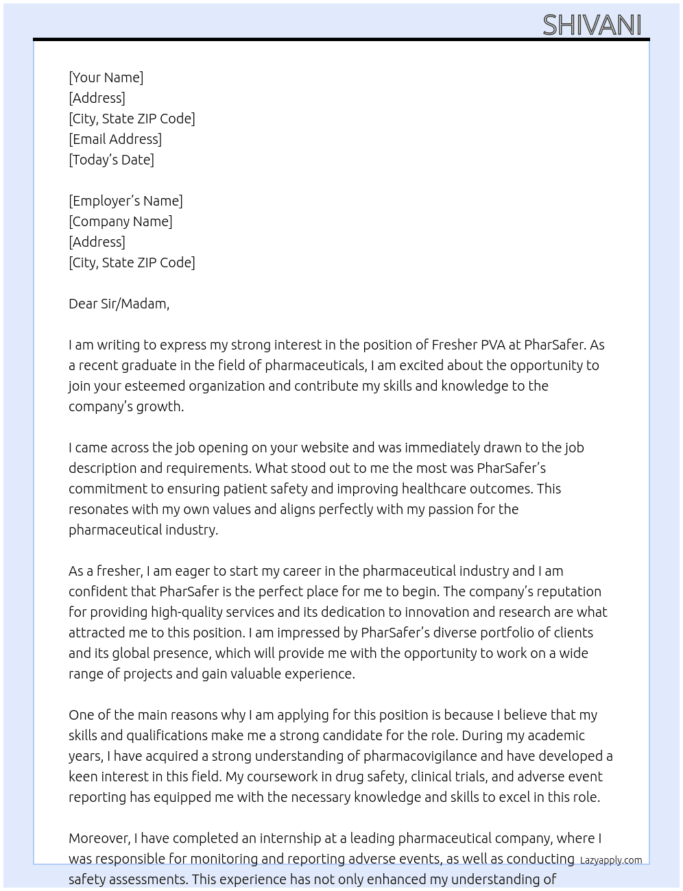 Fresher PVA job application  At PharSafer Cover Letter