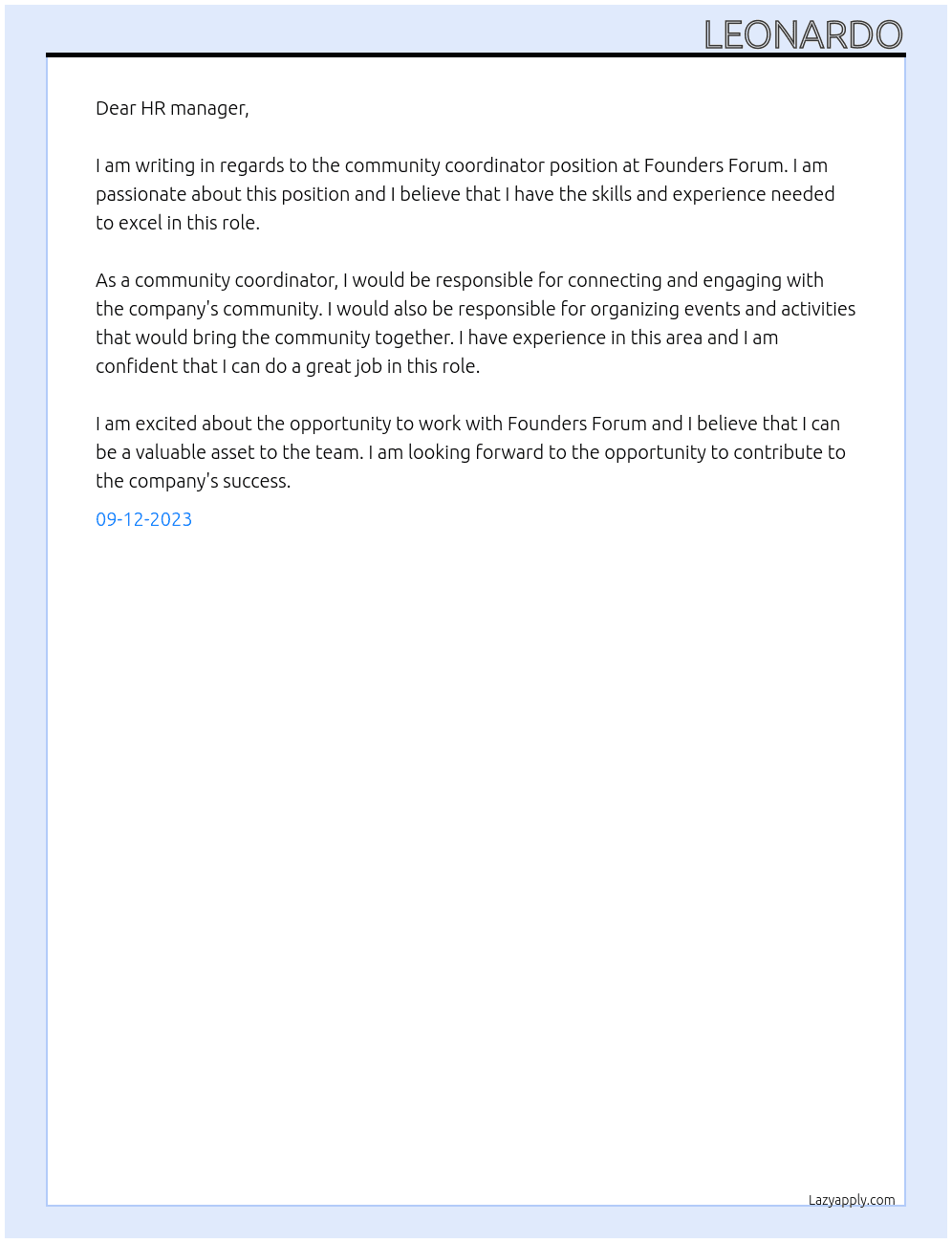 community coordinator At Founders Forum Cover Letter