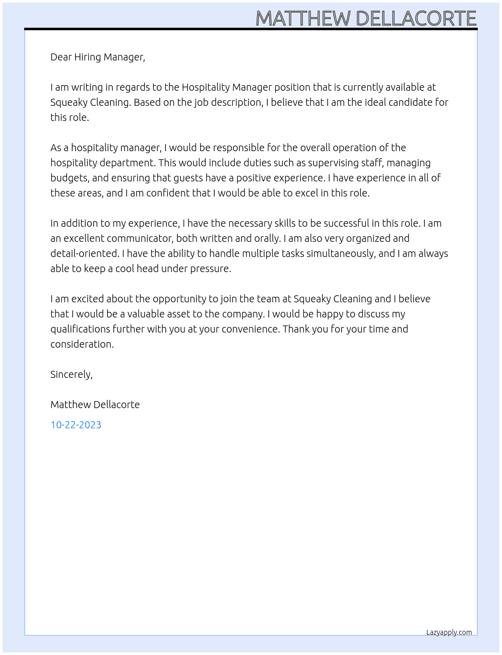 Hospitality Manager At Squeaky Cleaning Cover Letter