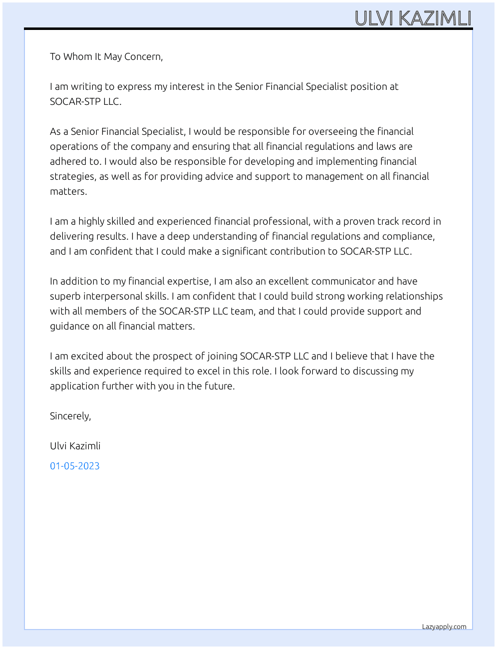 Cover letter for senior financial specialist - LazyApply