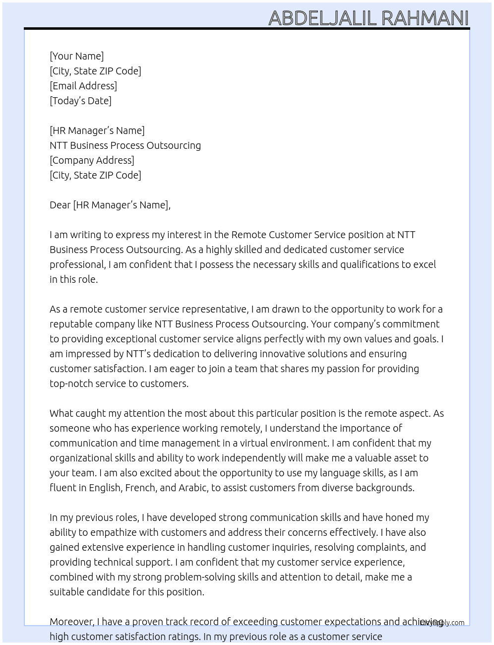 Remote customer service At NTT Business Process Outsourcing Cover Letter