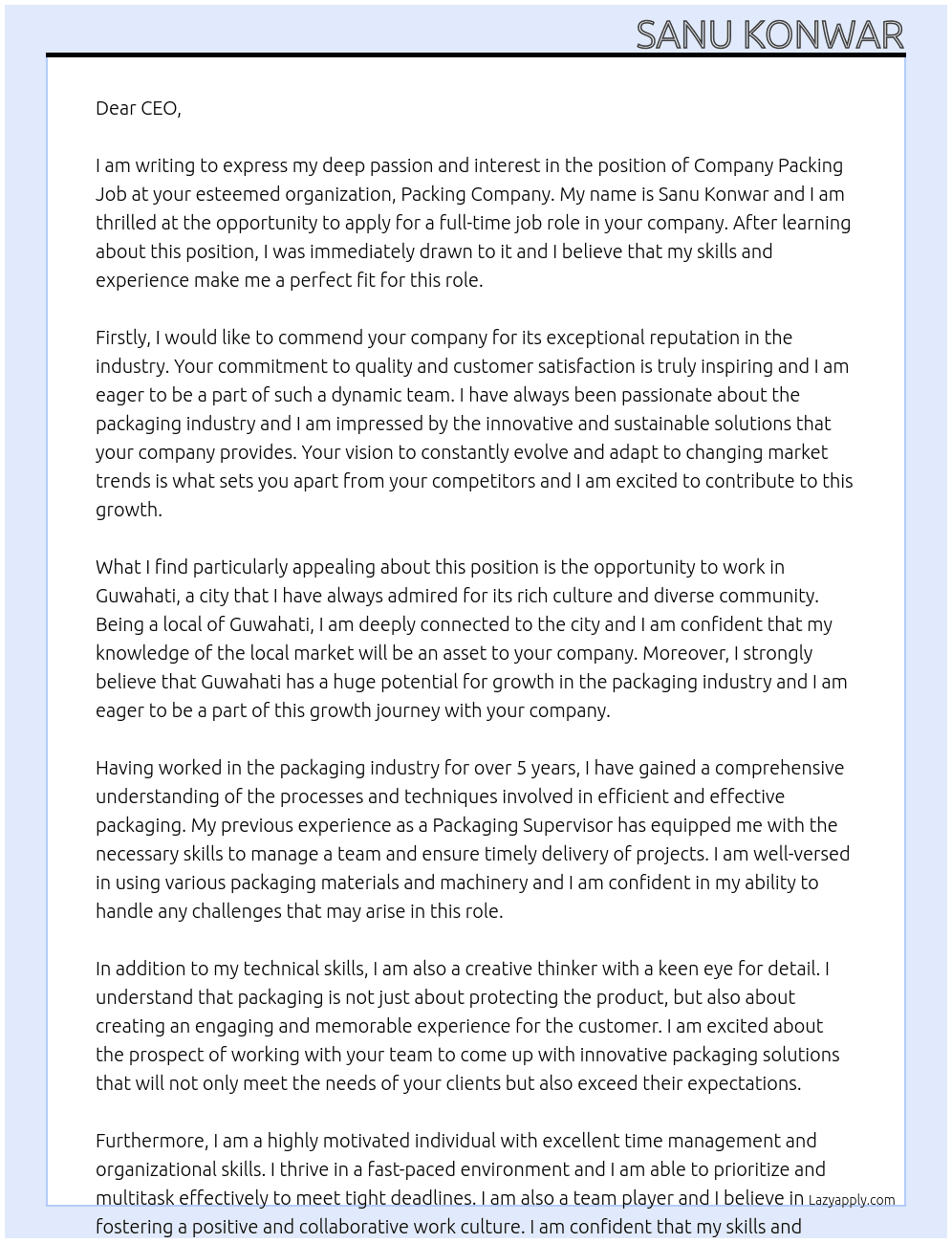 Cover letter for company packing job - LazyApply