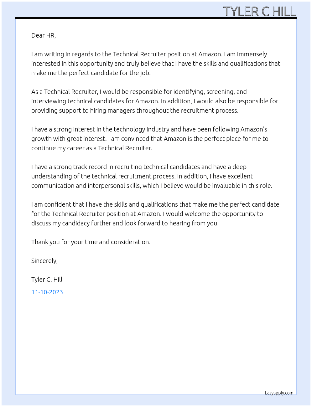 Technical Recruiter At Amazon Cover Letter