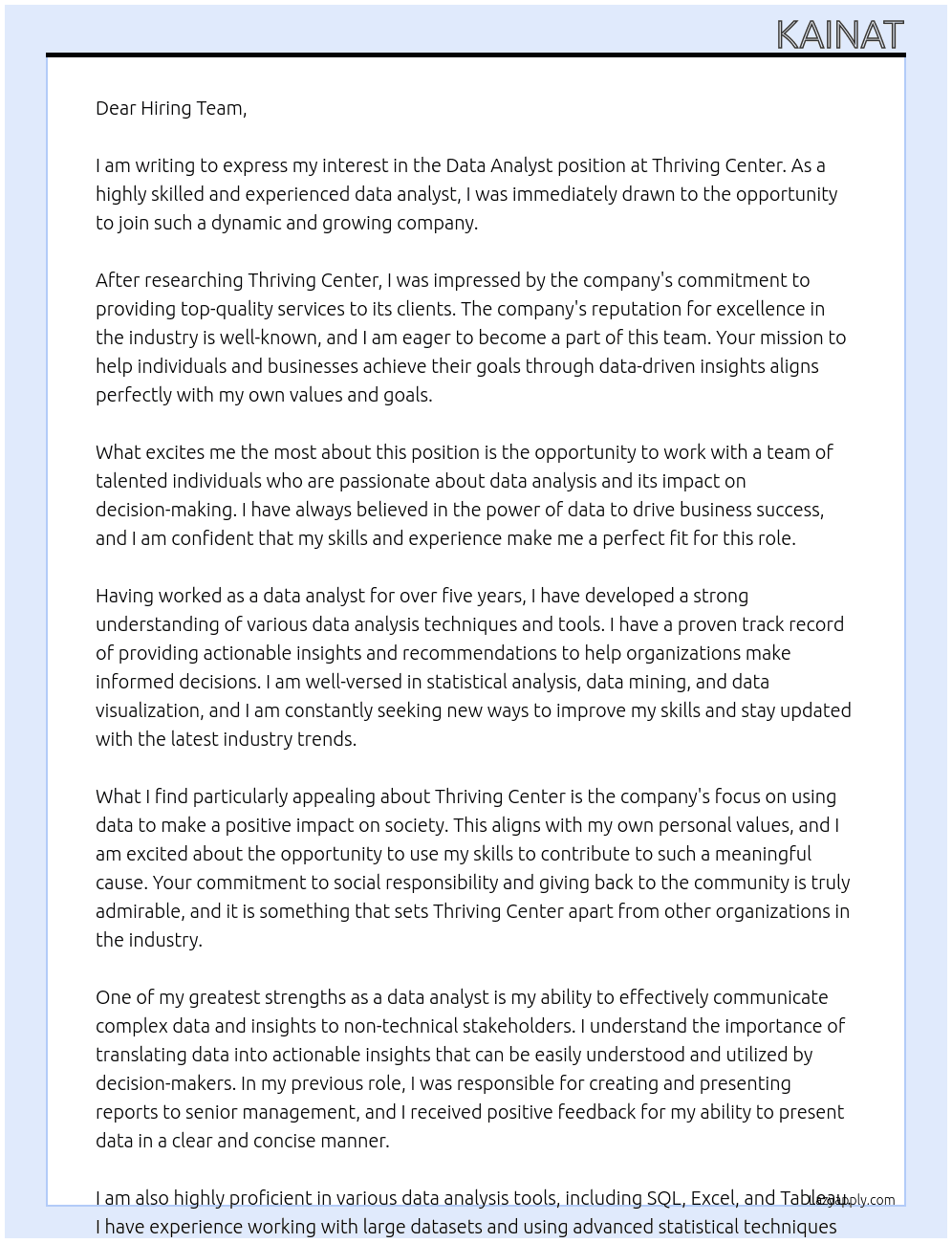 Data analyst  At Thriving center  Cover Letter